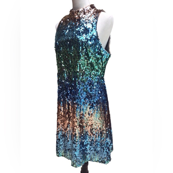 Aidan Mattox Sequin Halter Shift Dress - Blue and Green - Picture 4 of 11